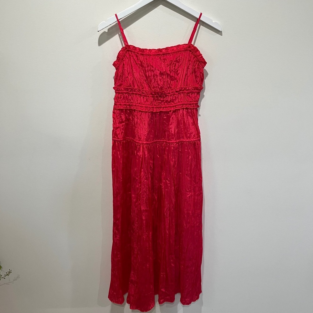 J Crew Tiered Maxi Dress Small Red Crinkle Satin CL649 Tiered Ruffle Trim Strap